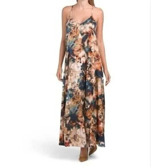 Nicole Miller Floral Racerback Built In Bra Silky Maxi Dress NWT size L - Picture 1 of 7